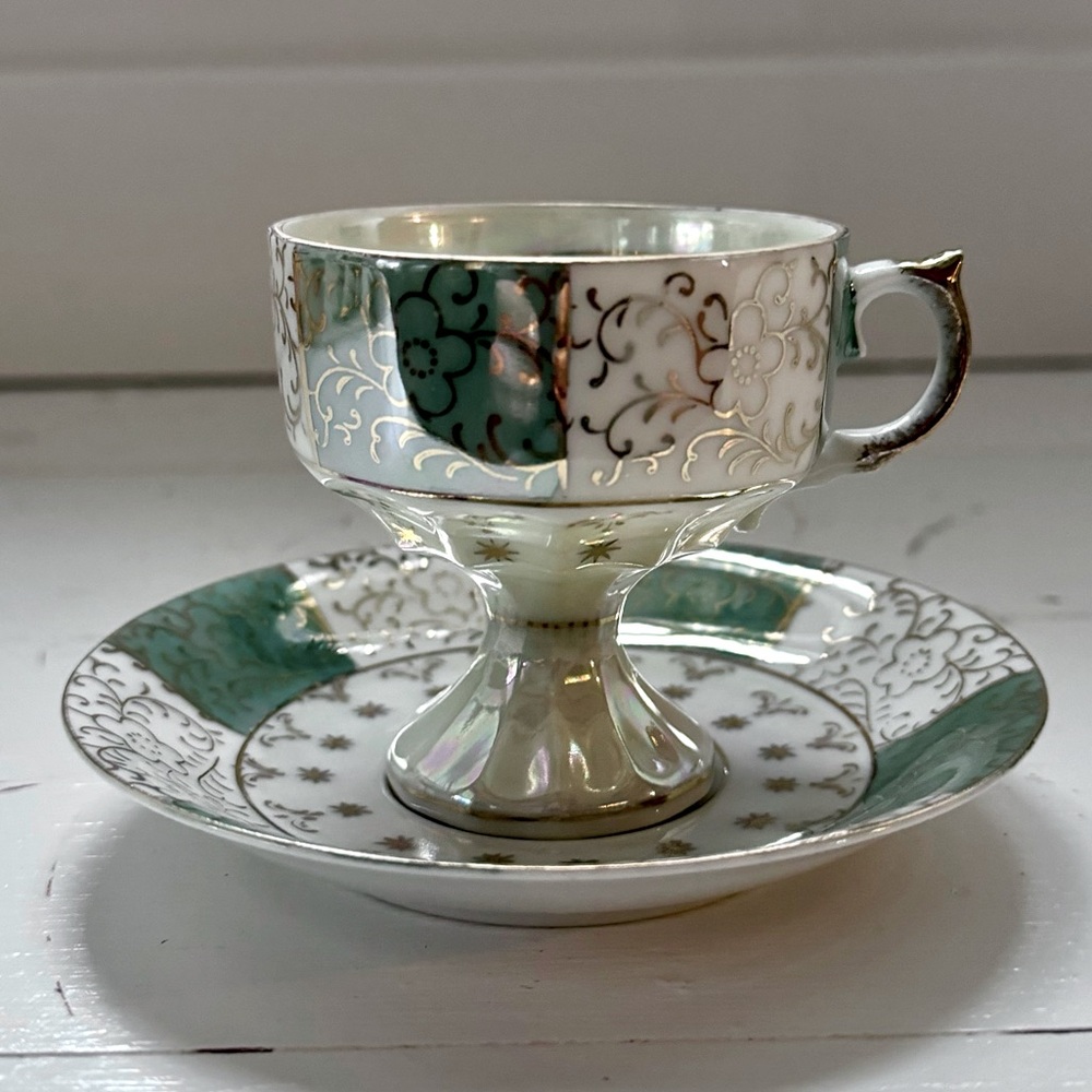 Antique Royal Crown Lusterware Pedestal Tea Cup with Saucer